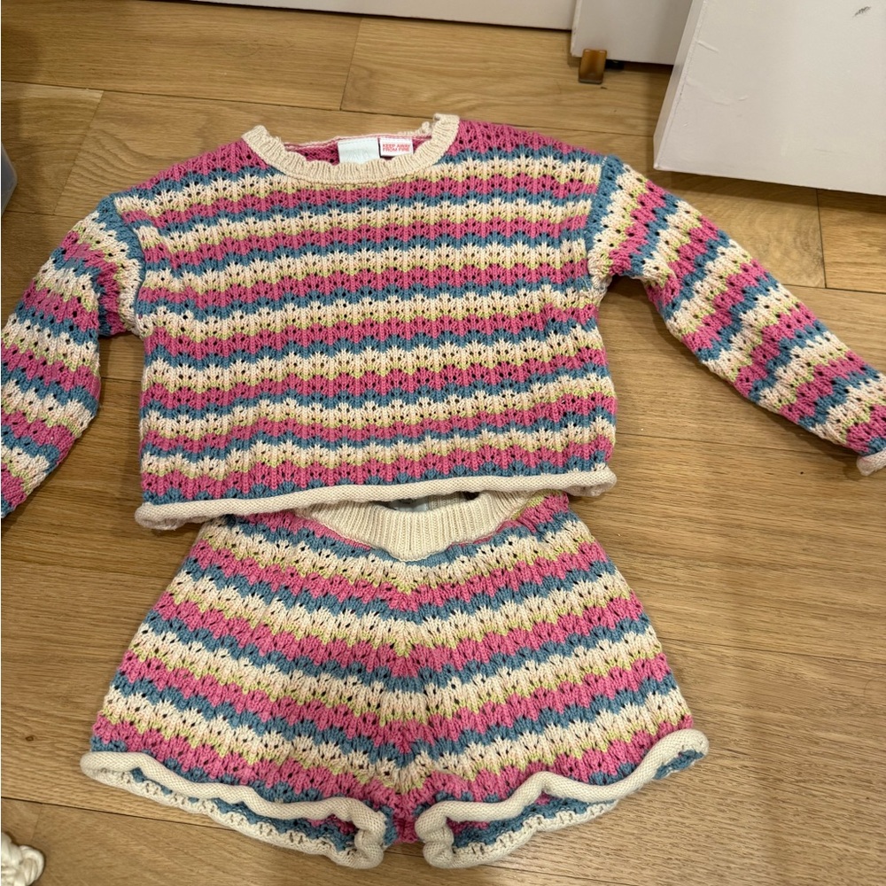 Zara Striped Crochet Knit Top in Pink, Blue & Cream